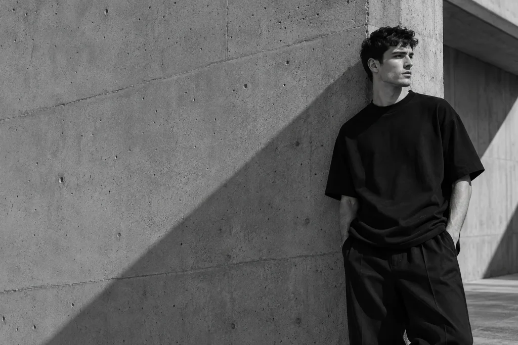 420 Attire campaign: oversized black T-shirt against concrete